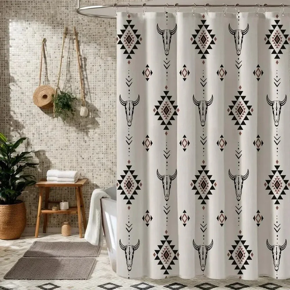 MUGINYU Western Aztec Linen Shower Curtain- Boho Farmhouse Fabric Shower Curtain